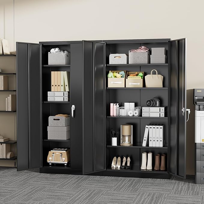 Greenvelly Metal Storage Cabinets 72” Black Garage Steel Storage Cabinet with Doors and Shelves, Metal Tool Cabinet, Steel File Cabinet for Home Office, Basement, Warehouse, Classroom（Anti Tipping）