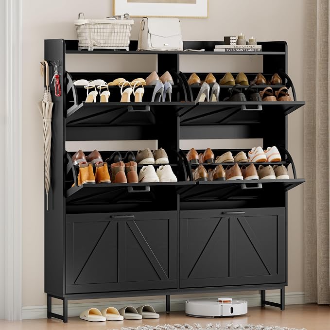 Wodeer Shoe Cabinet Storage for Entryway, Shoe Storage Cabinet with 6 Flip Drawers, Freestanding Narrow Shoe Rack Organizer with Metal Legs, Adjustable Shelves & Open Storage for Foyer, Hallway, Black