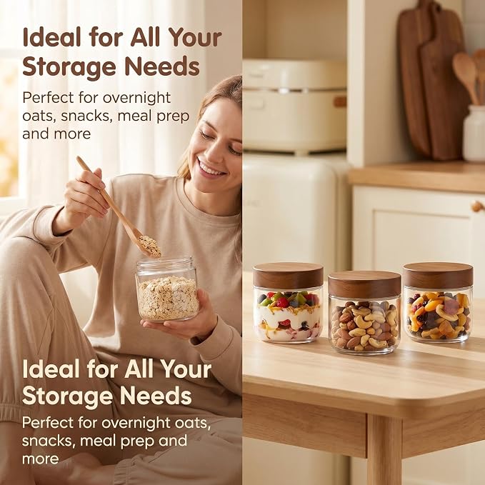 Danmu 8 oz Overnight Oats Containers with Lids,Glass Jars with Lids 4 Pack | Wooden Lid,Meal Prep,Yogurt,Leftovers,Leak-proof,Dishwasher Safe(remove lids),Fridge Safe,Portable,Stackable