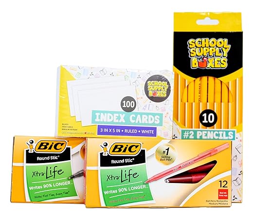 School Supply Boxes | Elementary Writing Bundle (1 Box) | Back to School Essentials Kit for Students & Teachers | Includes Wide-Ruled Filler Paper, Wide-Ruled Notebooks, 12 ct. Pens, & More
