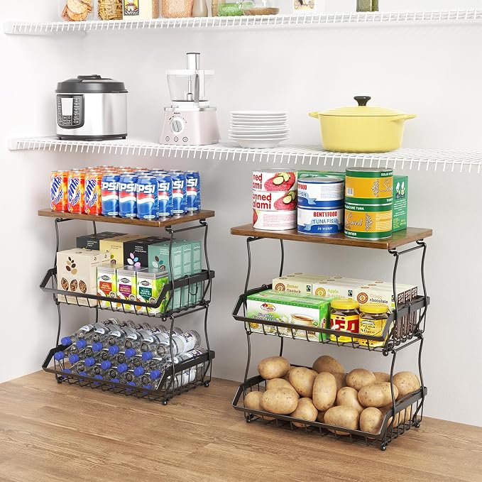 XYZLVSI 3 Tier Countertop Fruit Basket Bread Bowl with 2 Banana Hangers | Metal fruit rack with wooden handle, 16.8" H large storage stand for potato/onion/vegetables/snacks/produce storage, black