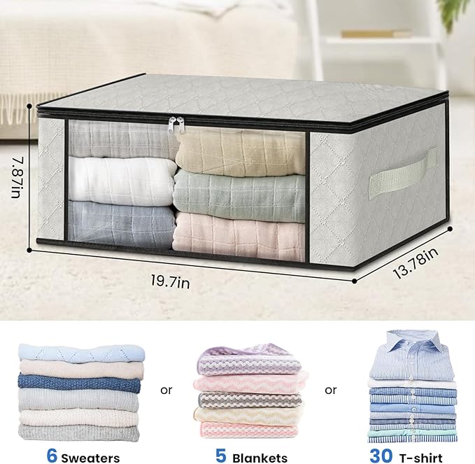 HomeHacks Storage 10-Pack Clothes Organizer Storage Bags Foldable Storage Box with Large Clear Window Sturdy Handles for Closet, Dorm, Pillows, Bedding, Clothes, Blankets, 35L, Ivory