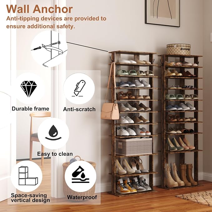 HOMEFORT 10-Tier Vertical Shoe Rack, Corner Shoe Tower, Double Rows 10 Tiers Shoe Shelf, Slim Shoe Storage Unit for 20 Pairs of Shoes, Shoe Stand for Entryway, Hallway, Closet (Rustic Brown)