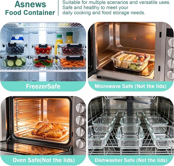 12 Pack Glass Meal Prep Containers with Lids, Glass Food Storage Containers with Snap Locking Lids, Airtight Lunch Containers for Microwave, Oven, Freezer and Dishwasher BPA Free (BLack)