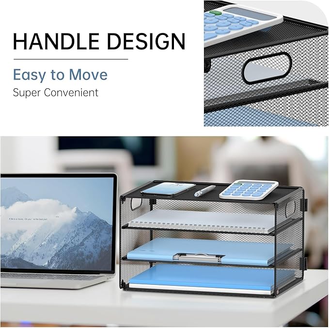 Daltack 3-Tier Paper Organizer with Handle, Mesh Desk Organizer Letter Tray, Paper Tray Organizer File Organizer for A4 File Folder, Black, 2 Pack