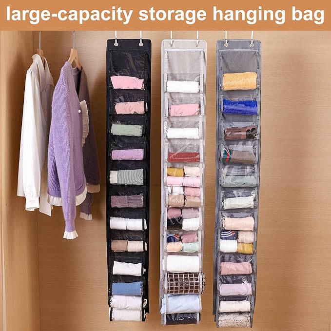 Legging Organizer for Closet Hanging 20 Pockets, Clear Hanging Legging Organizer Closet, Oxford Cloth Legging Storage for Wardrobe Behind Door (2Pack*Gray)