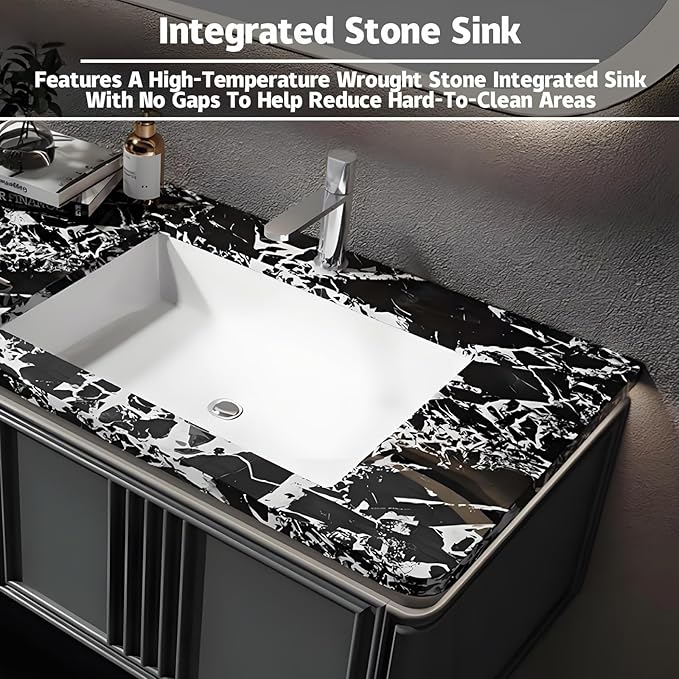 Black 90IN Dual Bathroom Vanity with Sink - Modern Floating Bathroom Vanity Set | Equipped with LED Smart Defogging Mirror | Luxurious Marble Countertop | Oak Material