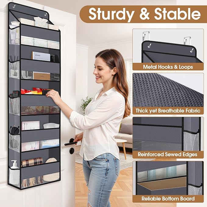 WISELIFE Over the Door Organizer Storage with 5 Large Pockets and Clear Windows, Hanging Organizer for Nursery Bedroom Bathroom Pantry Closet and Baby Essentials, Dark Grey