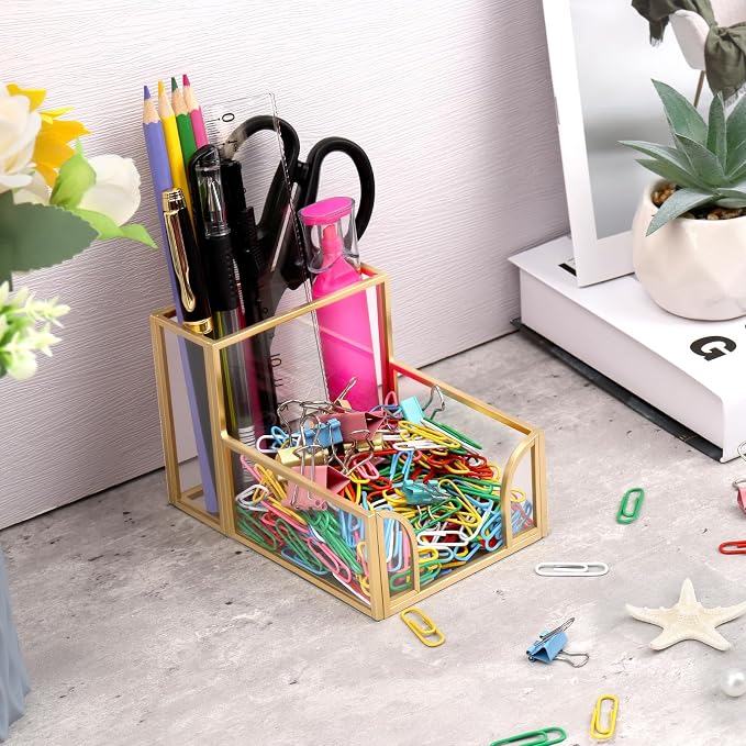 Sticky Note Holder,Glass Post It Note Dispenser with Pen Slot,Gold 3 x 3 Inch Post It Note Holder for Desk,Stylish Sticky Note Dispenser for Home Office Desk