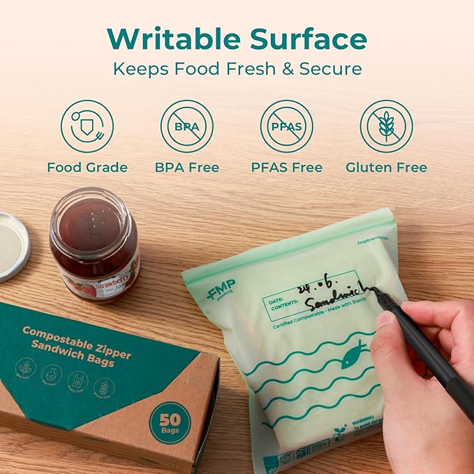 Fit Meal Prep 50 Pack 100% Compostable Sandwich Bags, 6.5 x 6.7" Resealable Food Storage Freezer Bags, Eco Friendly Snack Bags for Travel, ASTM D6400, US BPI & EU OK Compost Certified