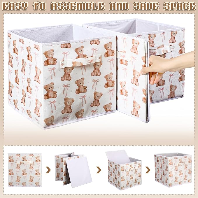 Geelin 6 Pcs Pink Bow Teddy Bear Cube Storage Bins 11 Inch Storage Basket with Handle, Preppy Girls Organizer Basket, Collapsible Fabric Box for Classroom Bedrooms Office Home Decoration Gift