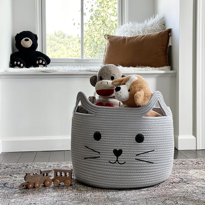 Large Woven Cotton Rope Storage Basket, Baby Laundry Basket Organizer for Towels, Blanket, Toys, Clothes, Gifts | Pet Gift Baskets for Cat, Dog - 15.7" L×11.8" H, Gray