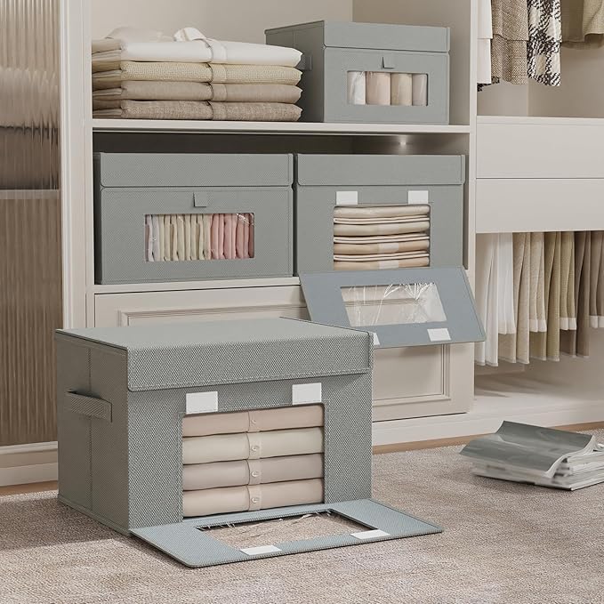 Storage Bins with Lids, Cube Organizer Basket with Window, Closet Boxes with Carrying 2 Handles and Sturdy PP Support Plate, 2 Pack, Grey, 13 x 9 x 7.9 In, XSNY17GM-2
