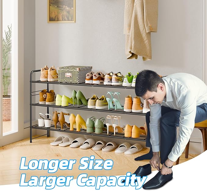 3 Tier Shoe Rack for Closet, 44 Inch Extra Long Shoe Storage Organizer for Shelves, Heavy Duty Metal, Easy Assembly, Black