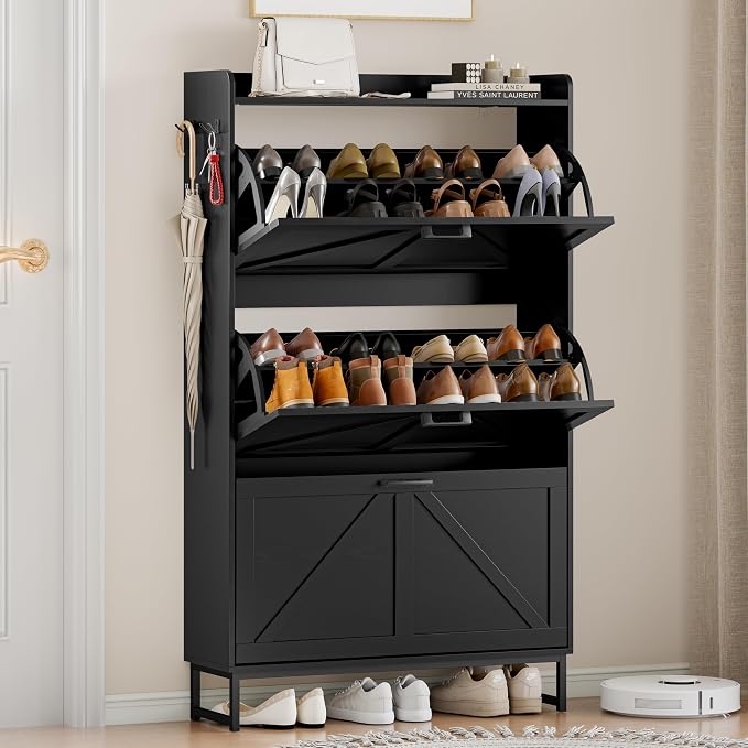 Wodeer Shoe Cabinet Storage for Entryway, Shoe Storage Cabinet with 3 Flip Drawers, Freestanding Narrow Shoe Rack Organizer with Metal Legs & Side Hook for Foyer, Hallway, Black