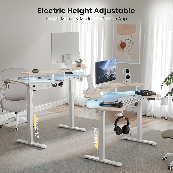 EUREKA ERGONOMIC Aero 55 Inch W Shaped Electric Standing Desk, Height Adjustable Computer Gaming Desk with LED Monitor Shelf, Mouse Pad, Headphone Hook, Cup Holder, Natural Maple