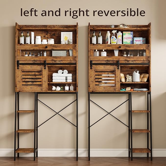 IRONCK Over The Toilet Storage Cabinet with Sliding Barn Door | 5-Tier Farmhouse Bathroom Organizer with Side Open Shelves, Freestanding Space Saver, Adjustable Shelf, Vintage Brown