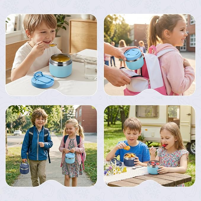MAXSO 14oz Vacuum Insulated Food Jar with Spoon Buckle Lid, Kids Soup Thermo for Hot Food Wide Mouth Leakproof Stainless Steel Lunch Container - Sky Blue