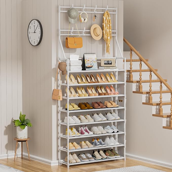 OYREL Shoe Rack 8 Tier Large Shoe Organizer Storage 32-40 Pairs | Metal Shoe Storage Rack with Hooks and Side Pocket for Entrance Entryway Closet Shoe Shelf Holder