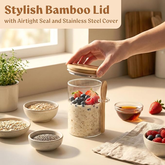 EDELHAUS Overnight Oats Glass Jars, Bamboo Lids, Spoons & Labels - 4x16oz | 4 Thick Glass Jars With Airtight Bamboo Lids, Matching Spoons and 24 Labels for Overnight Oats, Chia Pudding and Yogurt