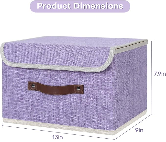 ANMINY 4PCS Storage Bin with Lid Storage Boxes with PU Leather Handles PP Plastic Board Decorative Foldable Lidded Cotton Linen Fabric Home Cubes Baskets Closet Organizer Container - Purple, Medium