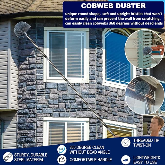 20 Ft+ High Reach Cobweb Dusting Kit with 3-14 Ft Extension Pole/Spider Web Brush & Ceiling Duster Microfiber Feather Duster with Washable Head for Cleaning Ceiling Fan, Furniture, Home