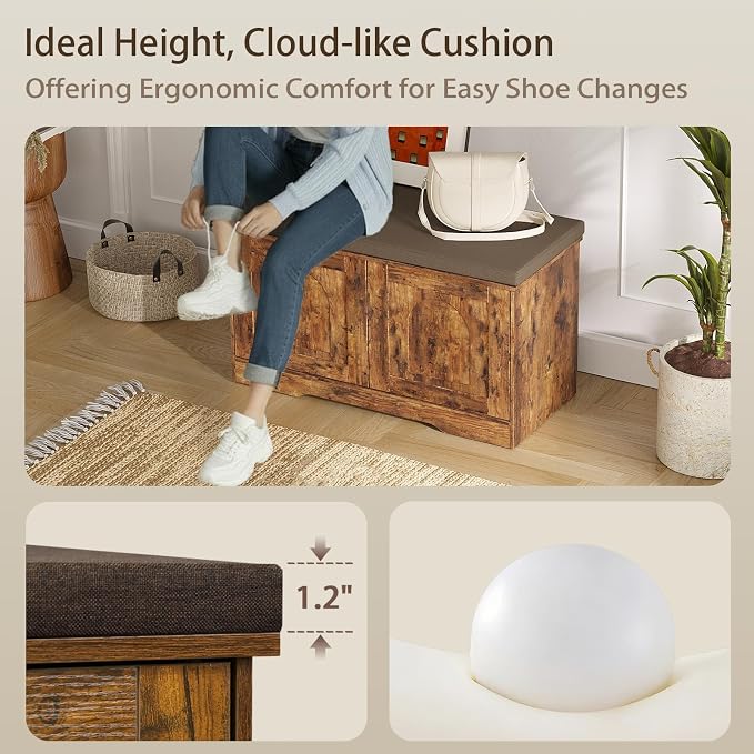 DINZI LVJ Shoe Bench, Entryway Storage Bench with Doors, Cushion, 2-Tier Shoe Rack with 6-Cubby, 31.5”L x 13.8”W Shoe Organizer Cabinet, Adjustable Shelf, Living Room, Bedroom, Rustic Brown