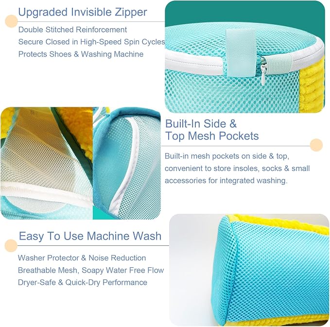 Shoe Washing Machine Bag 2-Pack with Invisible Zipper & Internal Scrubbing Bristles, Reusable Mesh Shoe Laundry Bag for Sneakers, Running & Athletic Shoes, Washer Protector & Noise Reduction