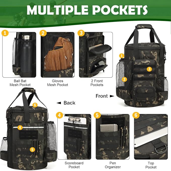 Baseball Bucket Bag, Softball Coaches Bags Fit 6 Gallon Buket | Baseball Coaching Accessories Organizer with Anti-Slip Bottom & Multiple Pockets for Bat, Gloves, Scoreboards