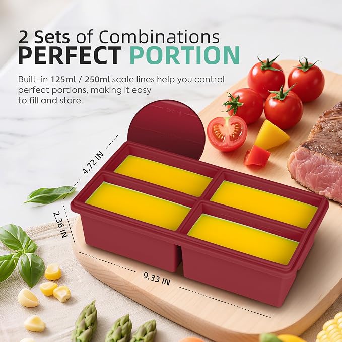 Silicone Freezer Trays with Lids -1 cup soup freezer container large ice cube molds with Reinforced Steel Ring Top, Perfect for Freezing Broth, Rice, Individual Portions, Meal Prepping and More 2-Pack