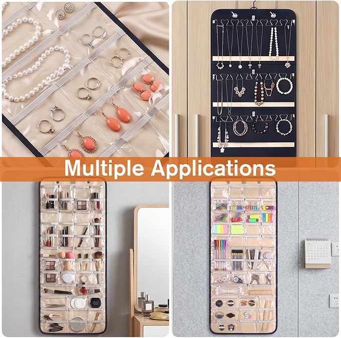 Hanging Jewelry Organizer, Double-Sided Necklace Holder with 43 Clear Pockets & 21 Hooks Jewelry Storage Roll with Hanger for Earrings, Necklaces, Rings on Closet, Wall, Door (33.1 x 14.2 Inch)