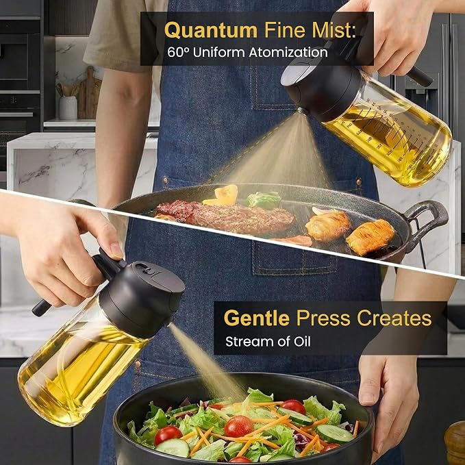 COOKENZA- 16oz/470ml Glass Olive Oil Sprayer for Cooking - 2 in 1 Oil Dispenser & Mister for Air Fryer, Salad & BBQ - Refillable, Food Grade - Black