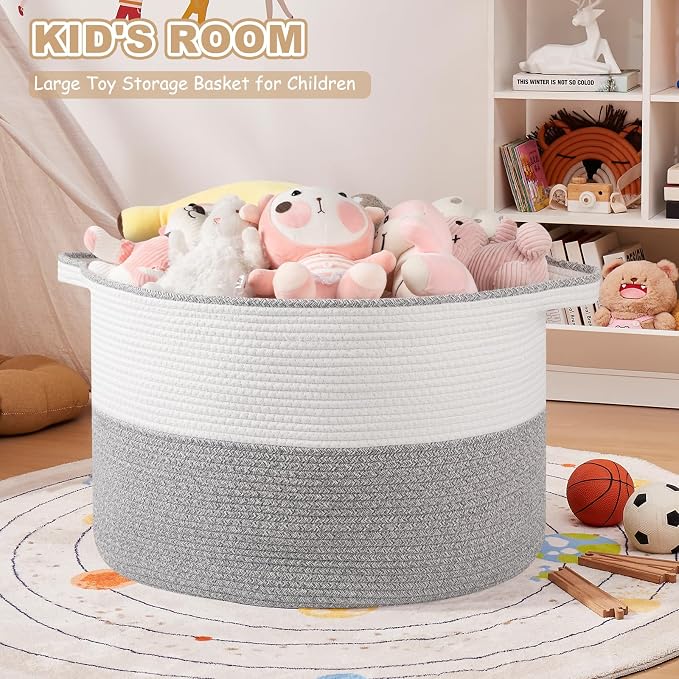 OIASKET XXL Large Blanket Basket with Handles, 105L Woven Storage Basket for Living Room, Cotton Rope Baby Toy Storage for Clothes, Pillows, Towels-Grey & White