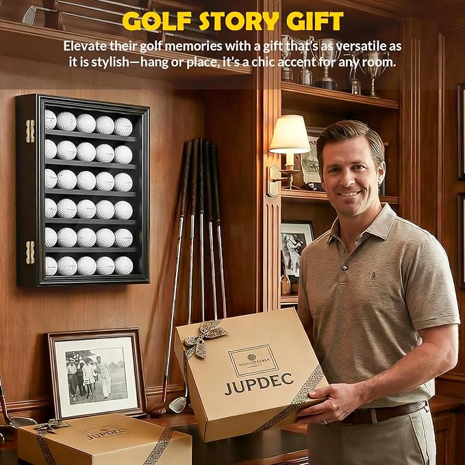JupDec Golf Ball Display Case Frame for 30 Balls, Dustproof Solid Wood Holder Box with Unobstructed Clear View, Velvet Lined Cabinet with Removable Shelves, Ideal Gift for Golf Fans