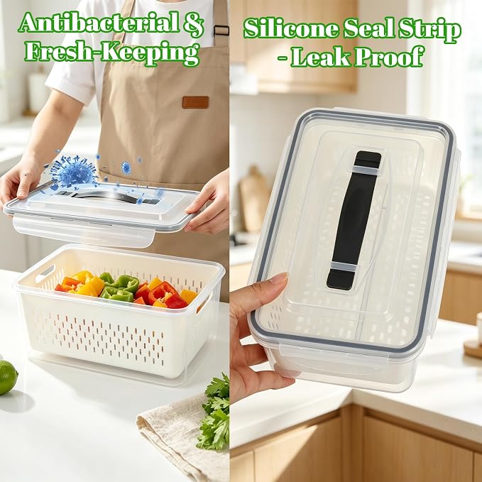 KUK 5 Pack Fruit Storage Containers for Fridge, Stackable Leakproof Food Keeper with Removable Colander, BPA-Free Produce Saver for Vegetables, Berries & Meat
