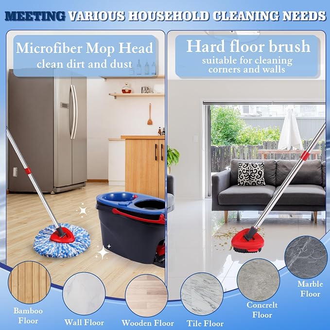4 Packs Spin Mop Replacement Heads Compatible with Ocedar RinseClean 2-Tank System, 30-58" Mop Handle,Mop Scrub Brush and Base Combo Set,Mopping Refills Easy to Replace and Cleaning
