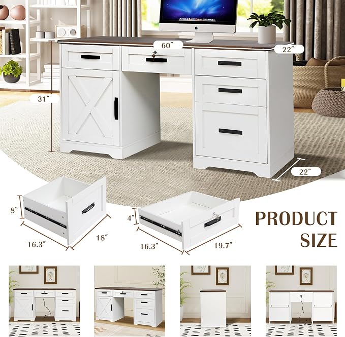 Grepatio 60" Farmhouse Executive Desk with Drawers, Wood Home Office Desk with Charging Station, Keyboard Tray, Computer Writing Desk with Filing Cabinet Drawers for Work Study, Antique White