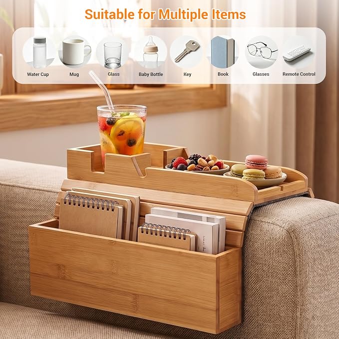 Bamboo Couch Armrest Tray with Storage Caddy for Drinks TV Remote Snacks | Non Slip Couch Arm Rest Table with Cup Holder, Adjustable Width Sofa Arm Tray