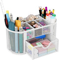 EasyPAG Mesh Pen Holder Desk Organizer with Drawer Stationery Supplies Organizer for Dorm School 9 Compartments Workspace Desk Accessories Organization for Office, White