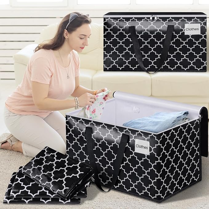 HomeHacks Heavy Duty Moving Bags with Tag Pockets, Collapsible Storage Totes for Moving, Camping & Travel -Foldable Packing Boxes, Zipper Handles, Black（10 Packs, 88L）