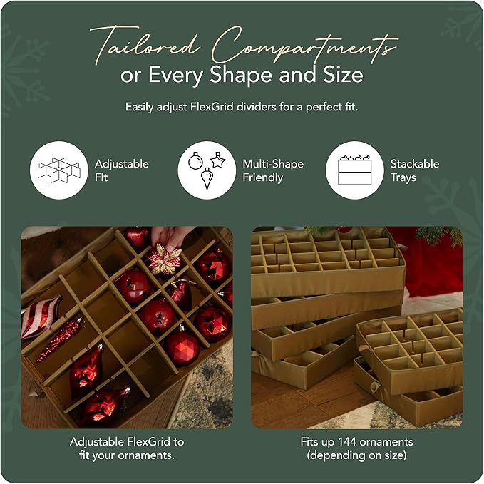 Covermates Keepsakes Adjustable Ornament Storage Bag – Heavy-Duty Polyester, Padded Dividers & FlexGrid Trays – Protective Holiday Ornament Organizer with Handles & Label Window, Green Snowflake