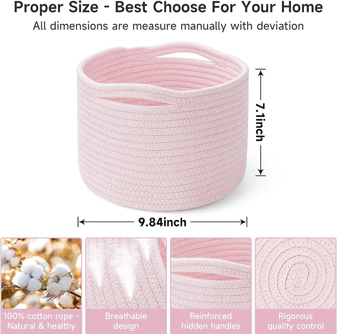 Small Rope Baskets for Storage, Baskets for Gifts Empty, Cute Round Woven Basket, Decorative Shelf Baskets 9.82×9.82×7.1", Cotton Toy Basket Storage Bins for Organizer 3 Packs-Pink