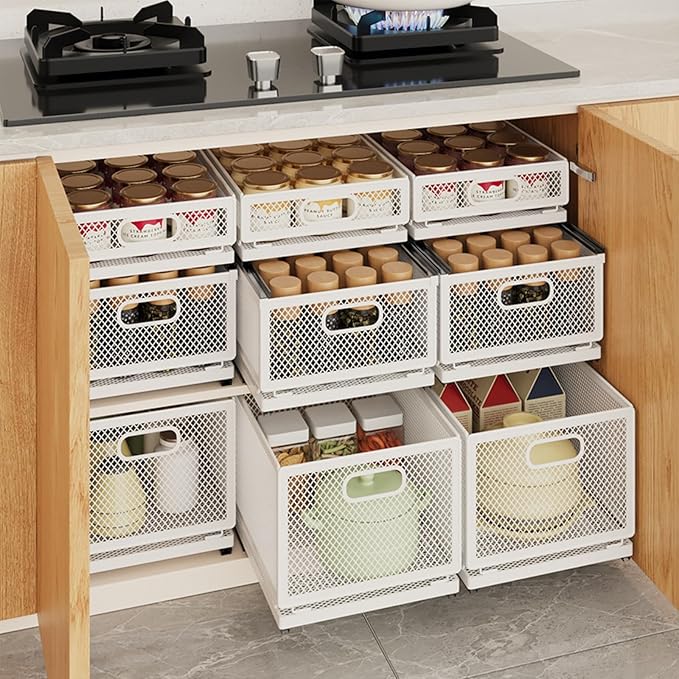 Pull Out Cabinet Organizer, Slide Out Drawers Fixed with Adhesive Nano Film, Pantry Shelves Sliding Drawer Storage Organization for Kitchen (Double Layer 19.7 * 13.8 * 16.5inch/50 * 35 * 42cm)