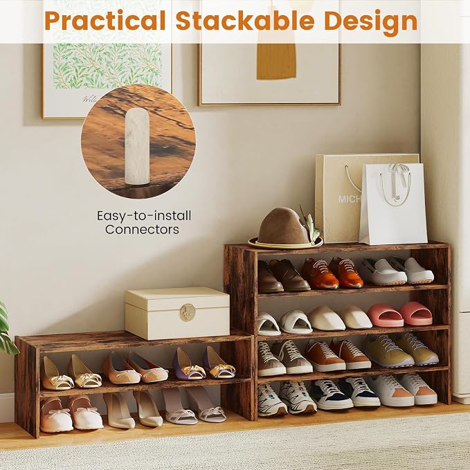 COSTWAY 6-Tier Shoe Rack, Extra Wide Shoe Shelf Organizer with Stackable Design, 31" Freestanding Adjustable Storage Shoe Stand for Small Space Entryway Hallway Closet (2,Rustic Brown)
