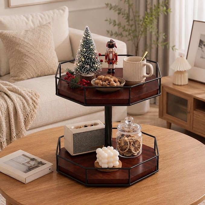 Sliner 12" Lazy Susan Organizer 2 Tier Adjustable Octagonal Spice Turntable Organizer Wooden Industrial Turntable Rotating Spice Rack for Cabinet Kitchen Countertop Pantry Bathroom