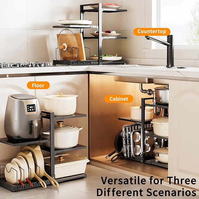 PureBox Pots and Pans Organizer Rack with Lid Holder – 8 pots, Solid Steel Shelves Heavy Duty Adjustable Under Cabinet Pot Rack, Double-Sided Cabinet Organizer, Black