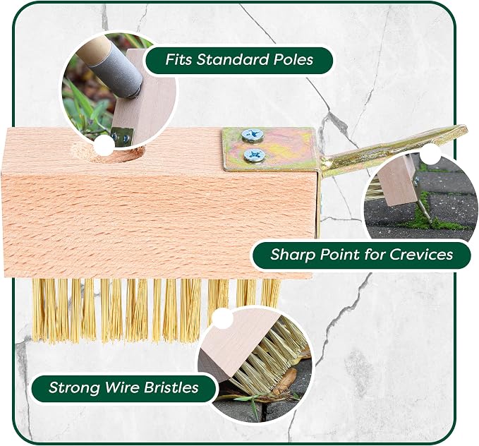 SCRUBIT Moss & Weed Remover Wired Grout Cleaner Brush, Great for Cleaning Decks, Pavers, Patios & Walkways Weed Scraper & Wire Brush Set, Combo w/2 Brush Heads & Scraping Hook - Grout Remover Tool