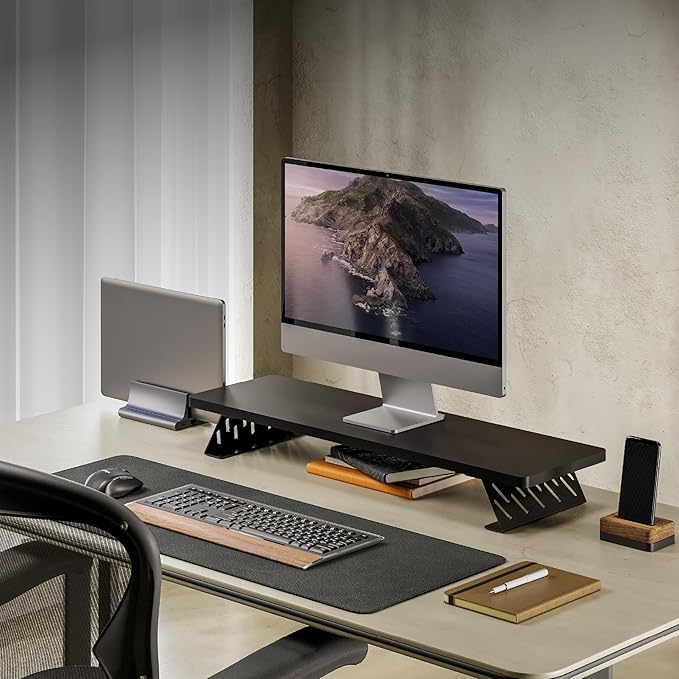 Fenge Monitor Stand Riser, 31.5 Inch Desk Top Shelf for 2 Monitors, Computer Stands for Desk, Wood & Steel Desktop Riser for Laptop, PC, Printer