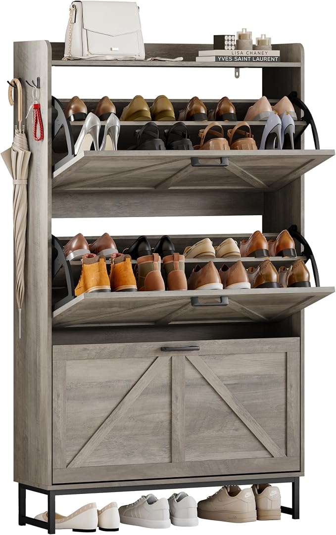 Wodeer Shoe Cabinet Storage for Entryway, Shoe Storage Cabinet with 3 Flip Drawers, Freestanding Narrow Shoe Rack Organizer with Metal Legs & Side Hook for Foyer, Hallway, Grey