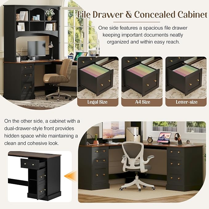 Merax L Shaped Desk Black, Corner Computer Desk with Charging Station & Keyboard Tray, Home Office Desk with File Drawers & Hutch, Space Saving Workstation for Office Study and Gaming